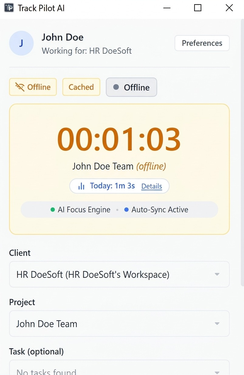 Track Pilot AI offline time tracking record ready to reconnect and review