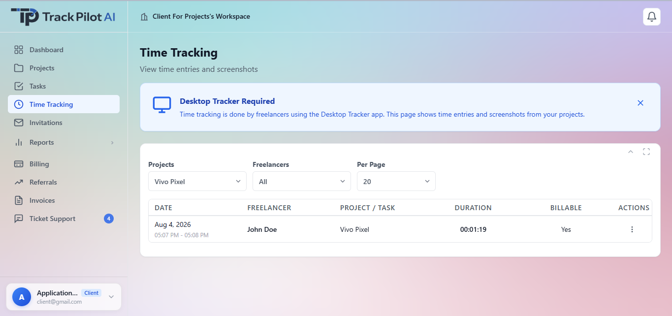 Track Pilot AI project and time context used to review freelancer work