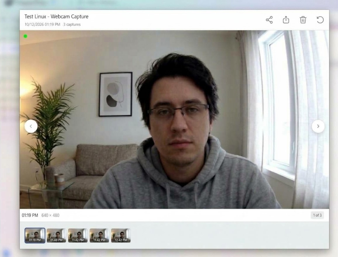 Track Pilot AI webcam capture review screen showing a recorded work-session image and capture history